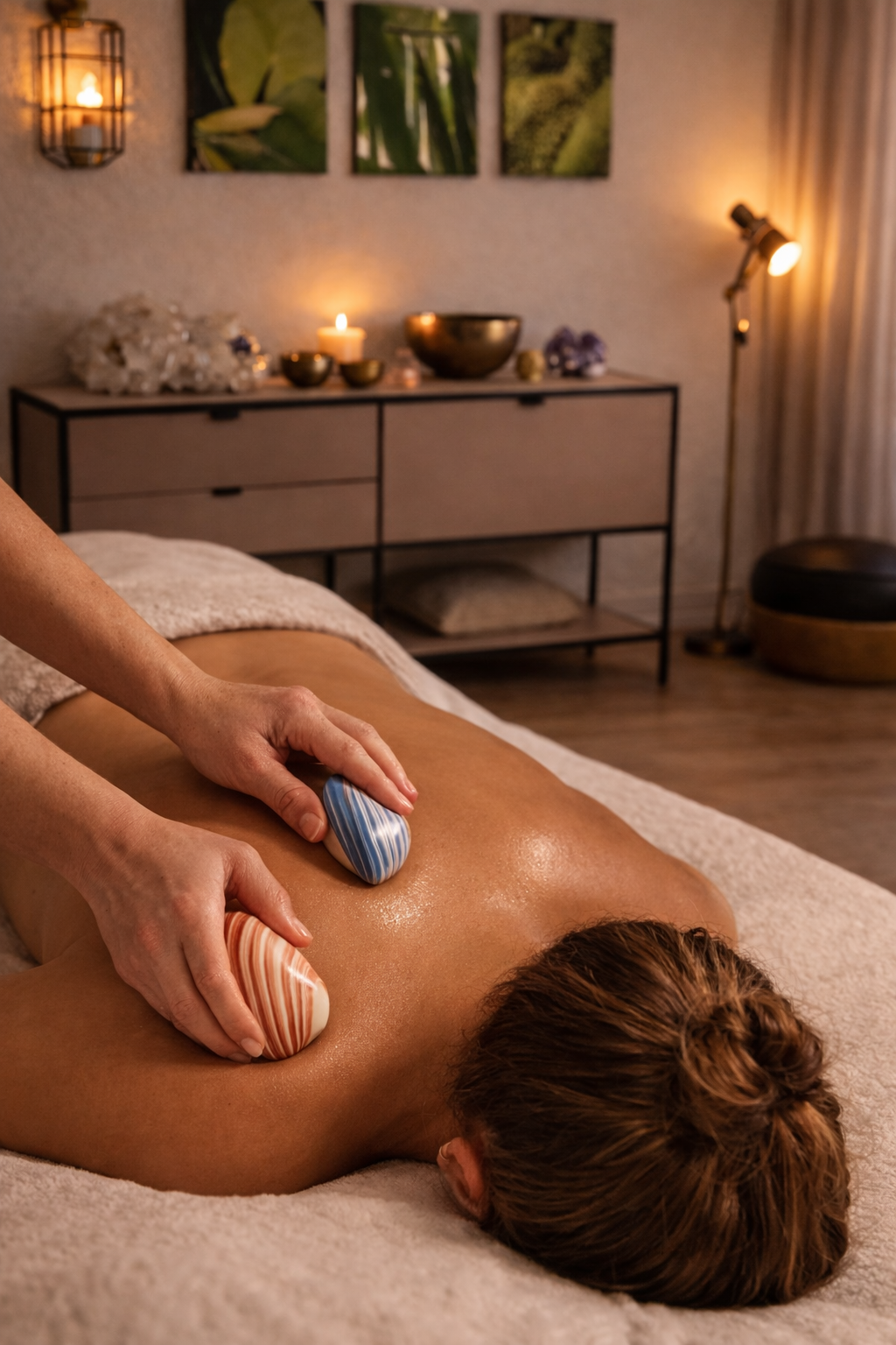 A woman is receiving a relaxing massage in a spa with candles in the background.