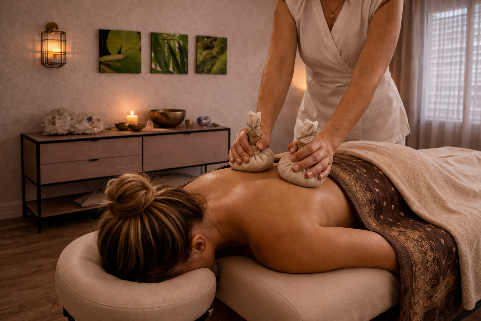 A massage therapist giving a back massage to a man lying face down on a massage table.