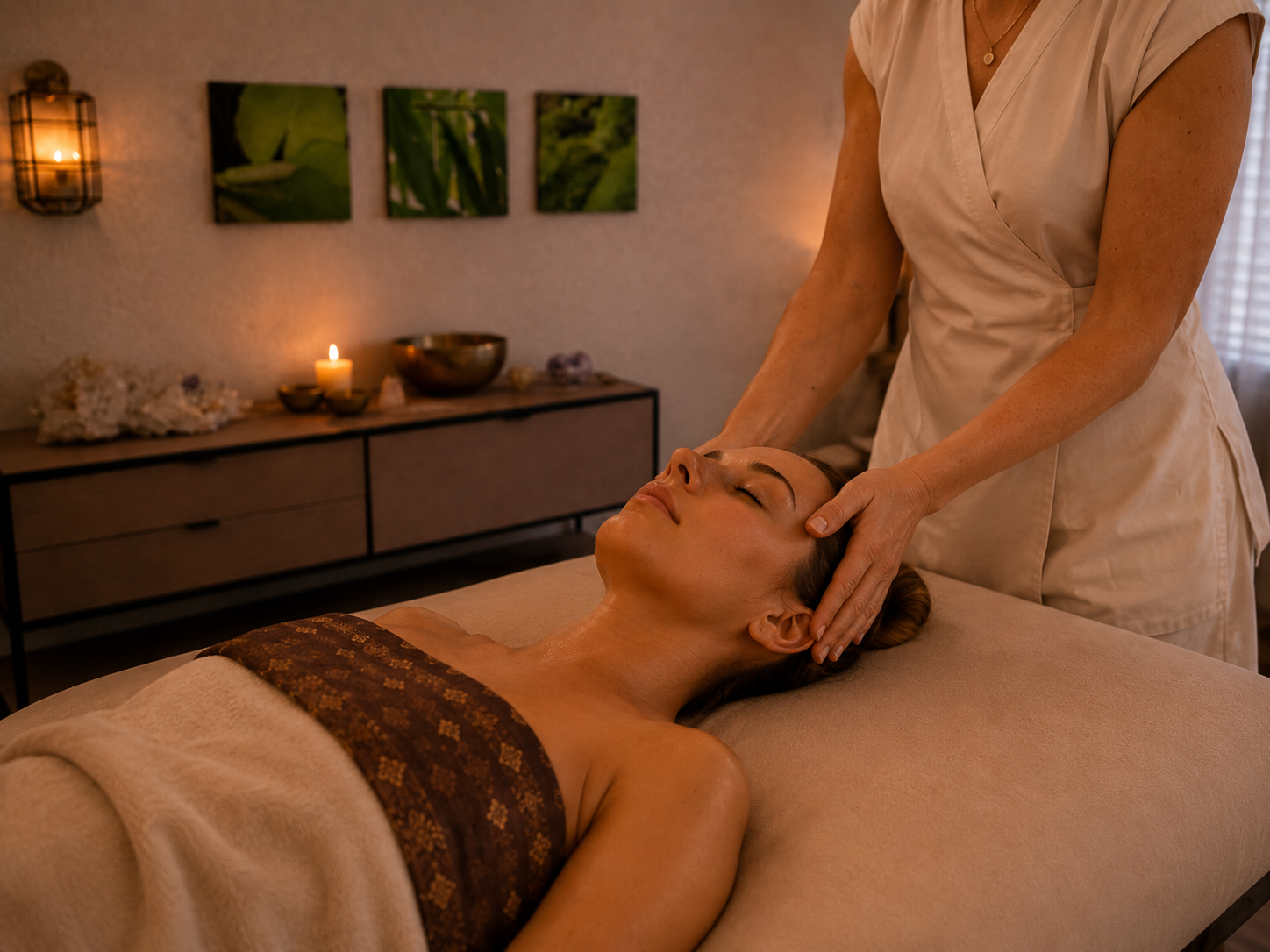 A person receiving a massage with two large, colorful stones on their back, one red and cream and the other blue and white, in a spa or massage setting.
