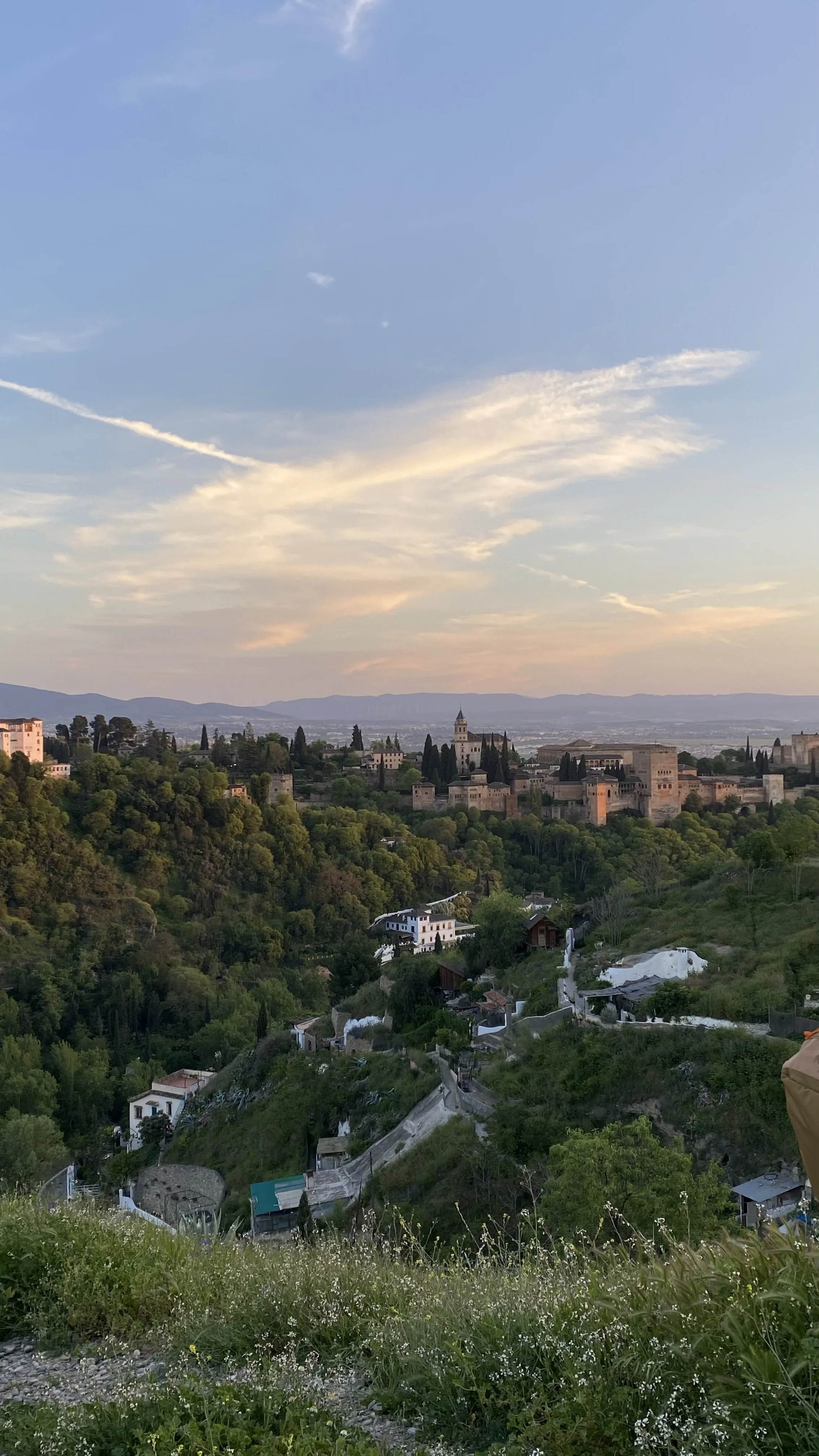 Scenic view of a historic hillside city with green trees, winding streets, and old stone buildings, under a partly cloudy sky at sunset.