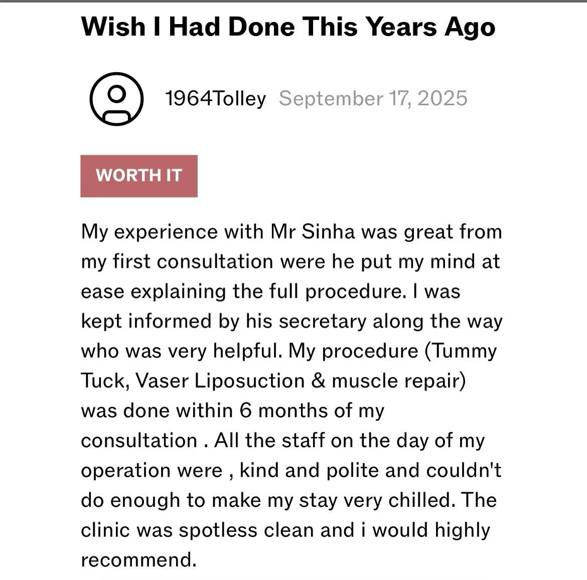 Thank you for sharing your experience with tummy tuck, VASER liposuction and muscle repair. Bespoke cosmetic surgery: quality; care; finesse&hellip;