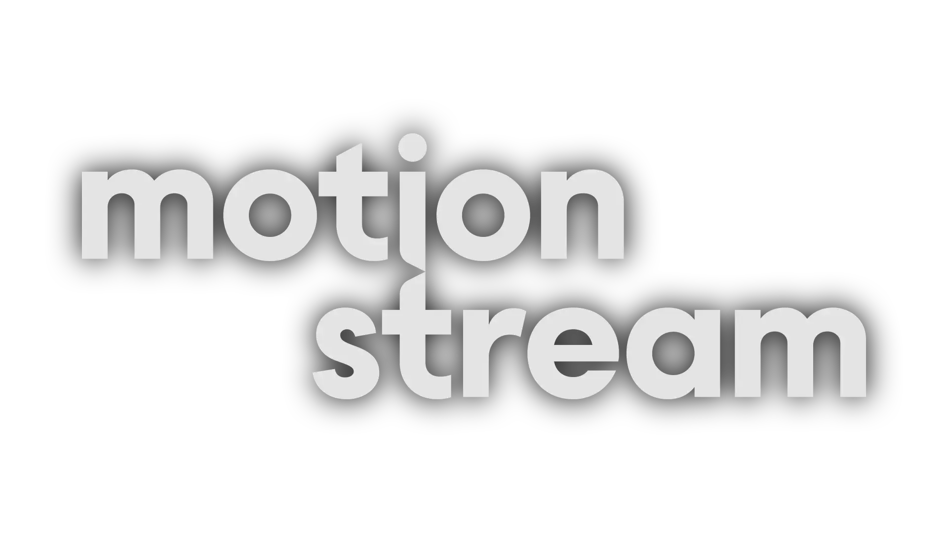 Het Motion Stream logo wat bestaat uit de woorden "motion" en "stream" schuin onder elkaar. De tekst is in het wit met een kleine zwarte schaduw achter de letters.