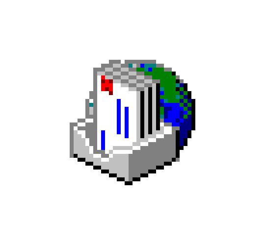Pixel art of a washing machine with a globe in the background.