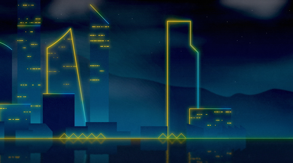 Neon outline of a city skyline at night, with glowing yellow and blue outlines of skyscrapers and a dark mountainous background.
