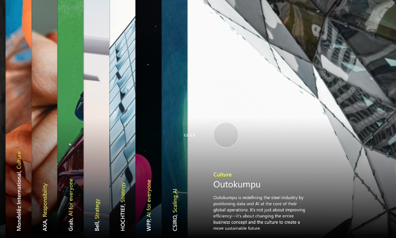 Unique navigation UI design representing innovation, sustainability, and industry, with overlaid text about culture and digital transformation.