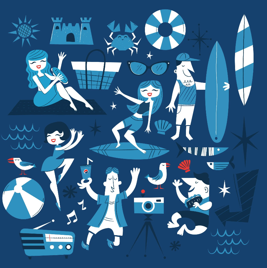A group of cartoon characters at the beach, including women and men in swimwear, surrounded by beach items like surfboards, beach balls, a crab, seagulls, a camera, sunglasses, and a portable radio, with a dark blue background.
