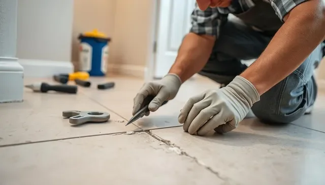 Person installing or repairing a tile floor, kneeling on the ground, using a utility knife to cut or adjust tiles, with tools and supplies nearby.