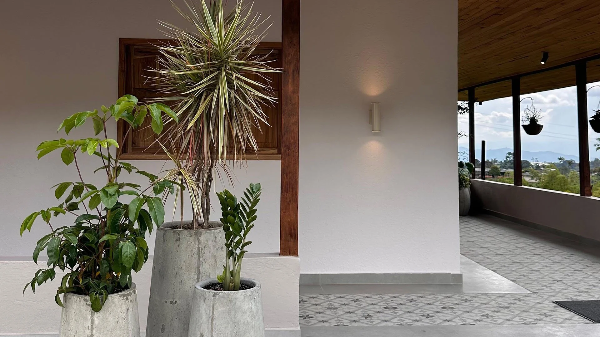 Interior de un balcón con plantas en macetas de concreto y vista a las montañas en el fondo.