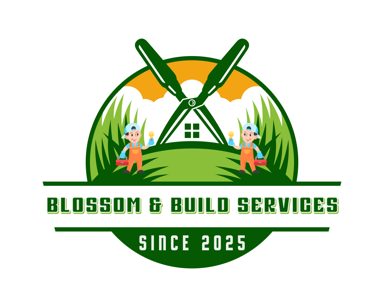 Logo for Blossom & Build Services featuring two children in orange overalls and blue hats holding light bulbs, green yard tools crossed over a grassy background with a sunset, and the text 'Since 2025' below.