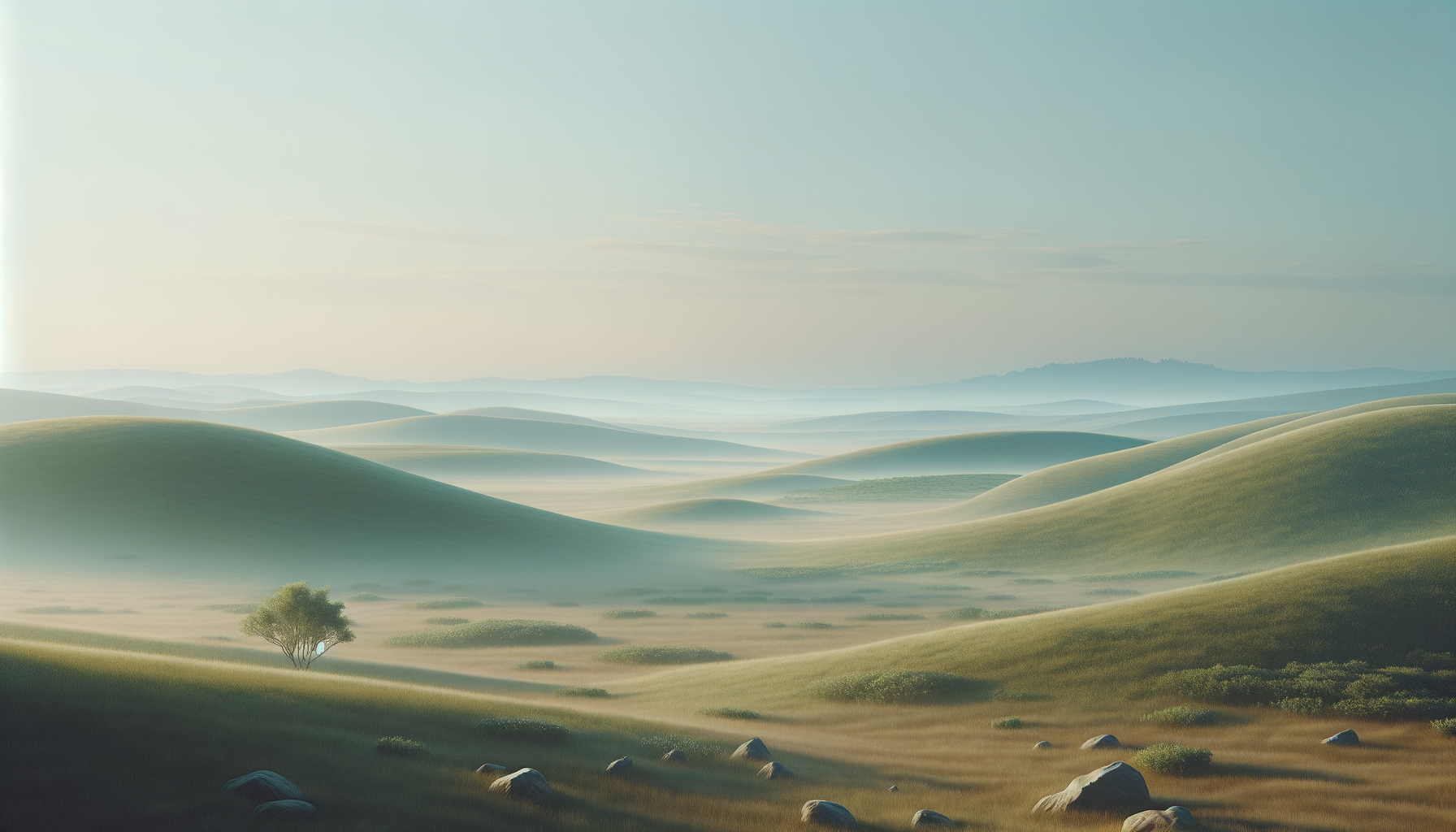 Gentle rolling green hills with scattered rocks and a lone tree in the foreground, misty layers of hills in the background under a soft sky.