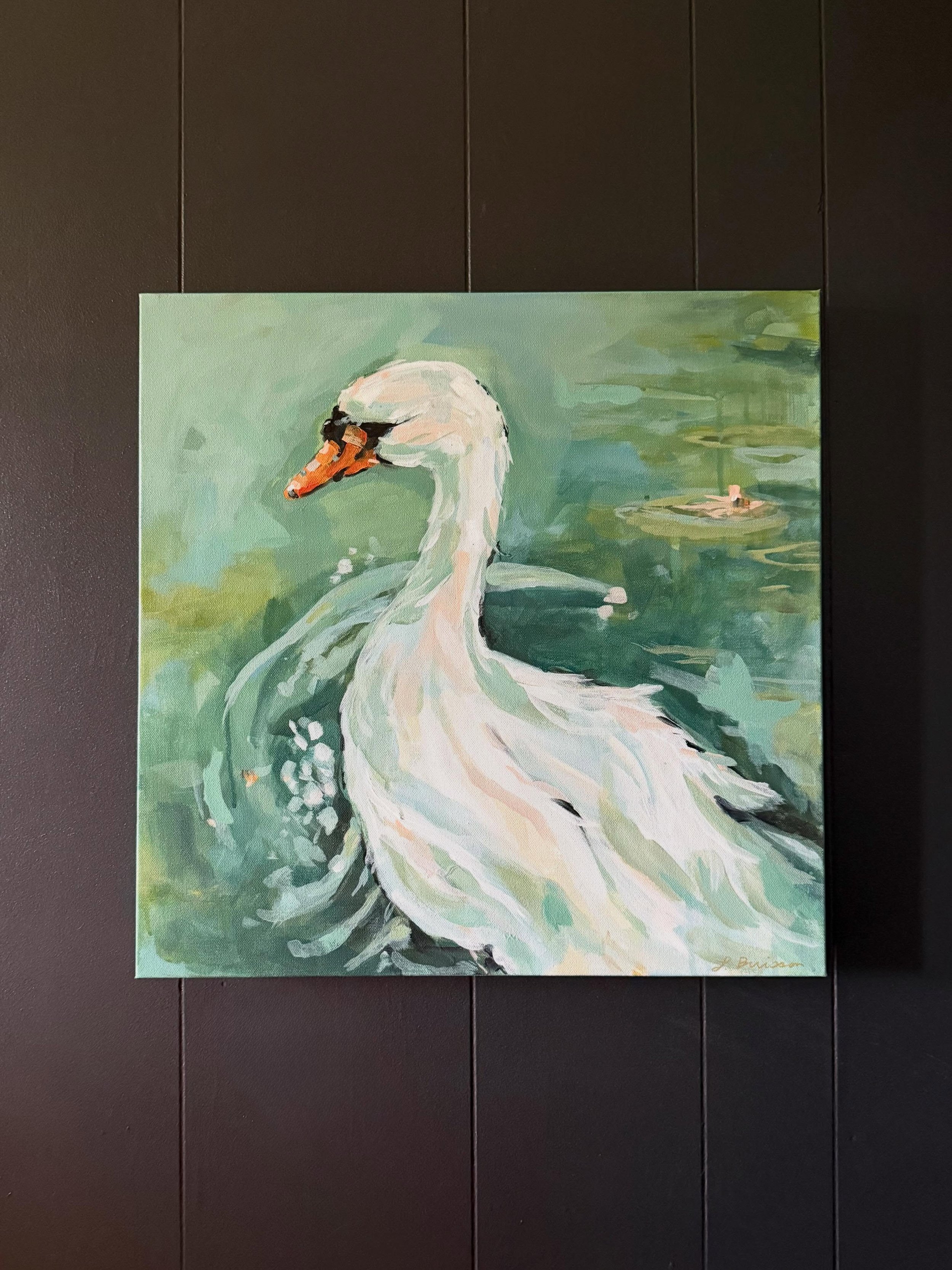 Something about a swan! 🦢

&ldquo;White Swan&rdquo; 
20x20 acrylic on deep edge canvas 
Available &mdash; message me for details!