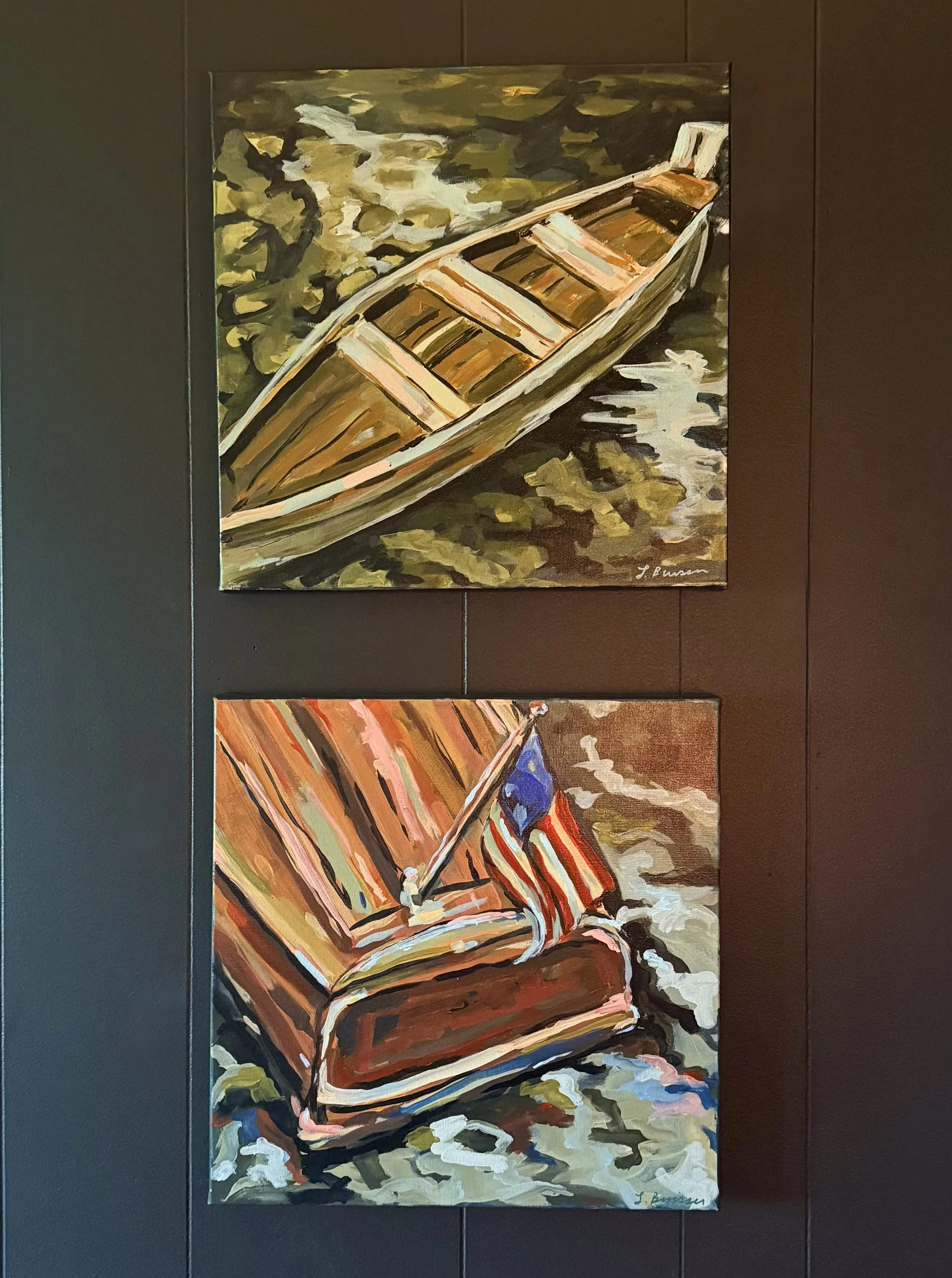 The Old Skiff (Top) & River Runabout (Bottom), 2026 | 16x16 Acrylic on deep edge canvas | Available for purchase at Revival Art House