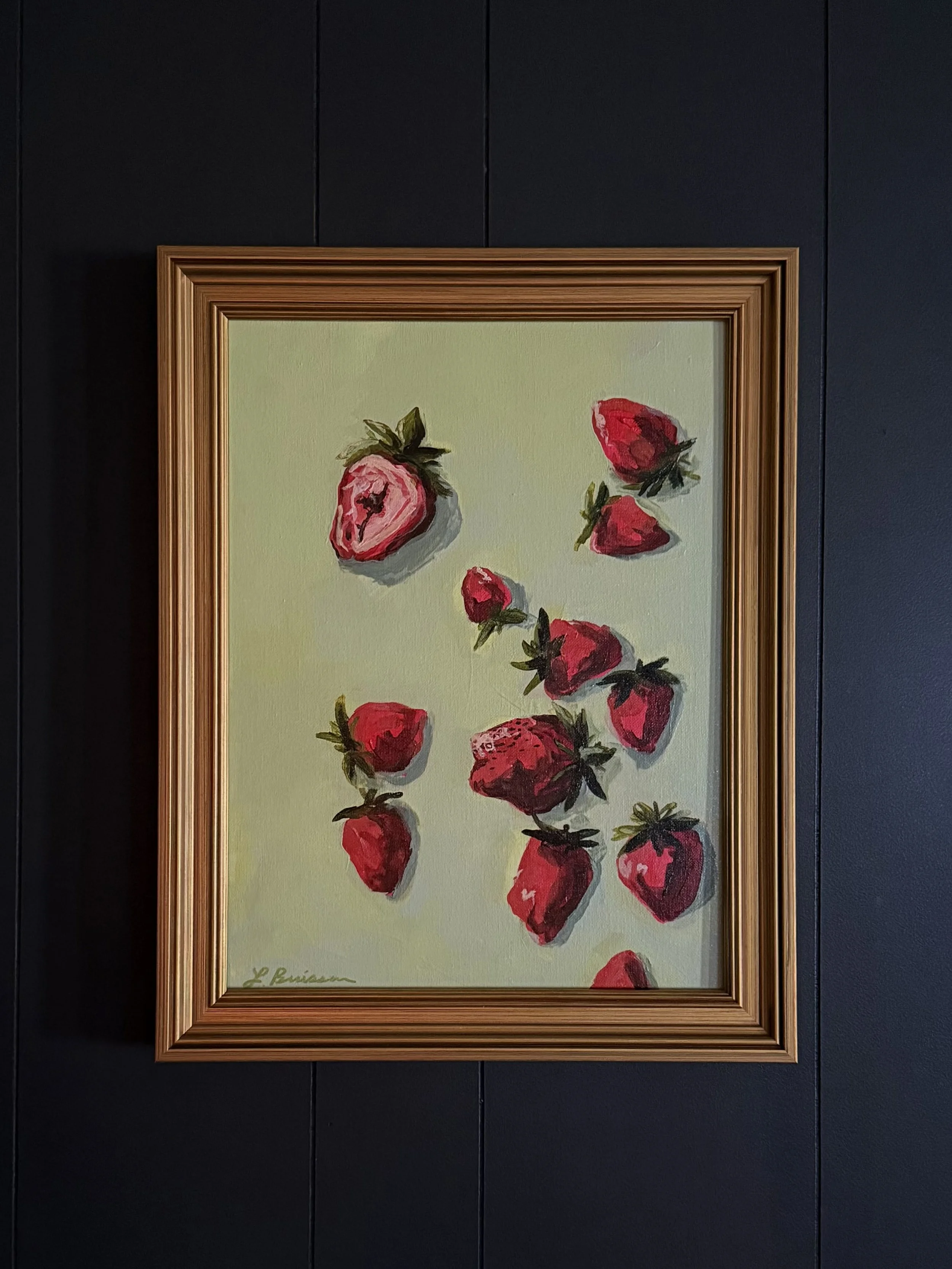 "Strawberry Harvest," 2026 | 12x16 Acrylic on Canvas Board, Framed | Inquire to Purchase