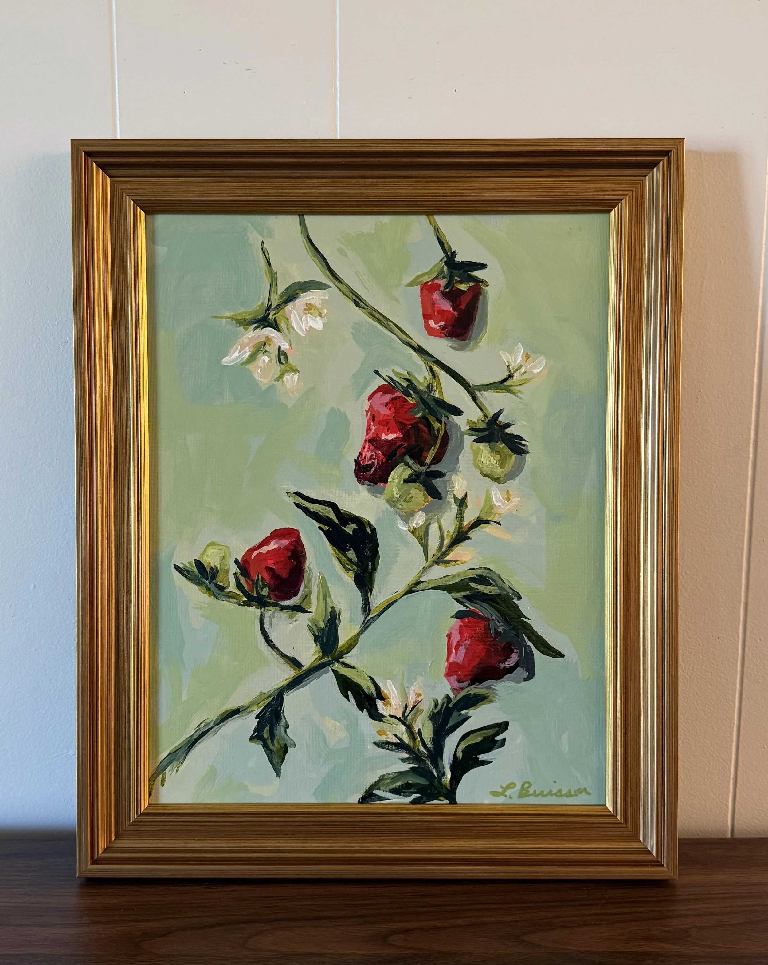"Strawberries & Blooms," 2026 | 11x14 Acrylic on Canvas Board, Framed | SOLD