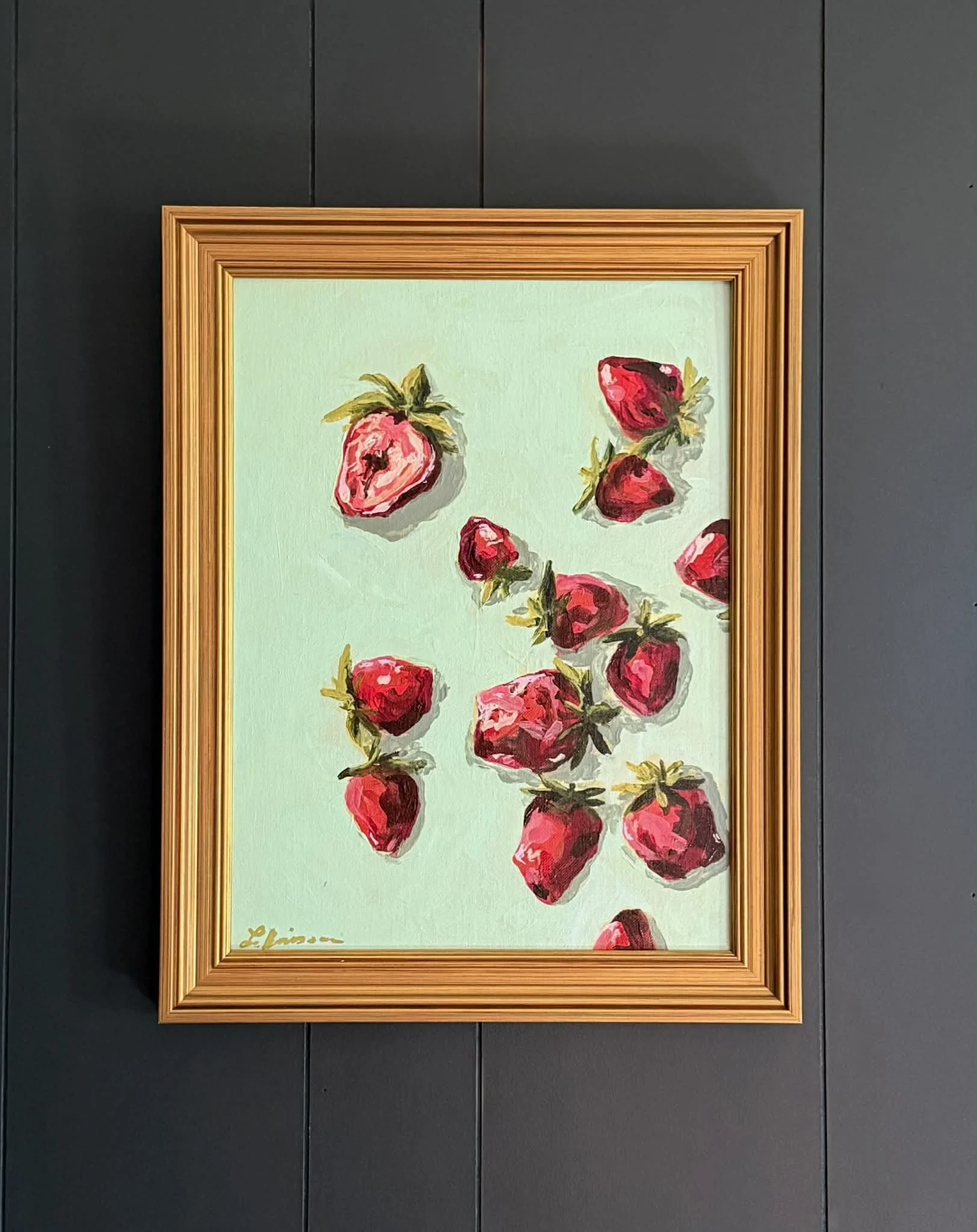 "Mint Strawberry Harvest," 2026 | 12x16 Acrylic on Canvas Board, Framed | SOLD