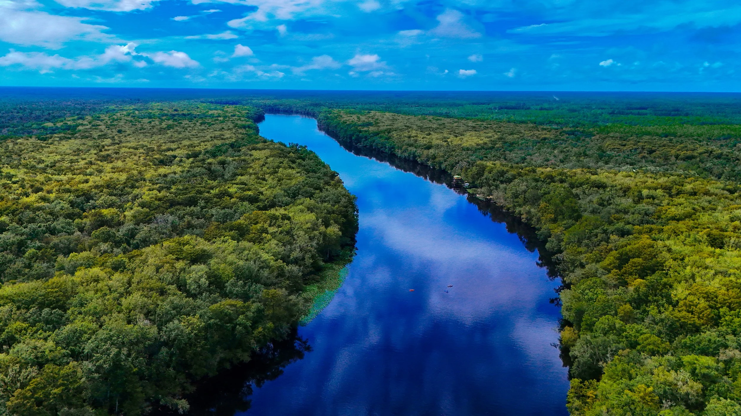 Aerial view of a river winding through a dense green forest under a partly cloudy sky.