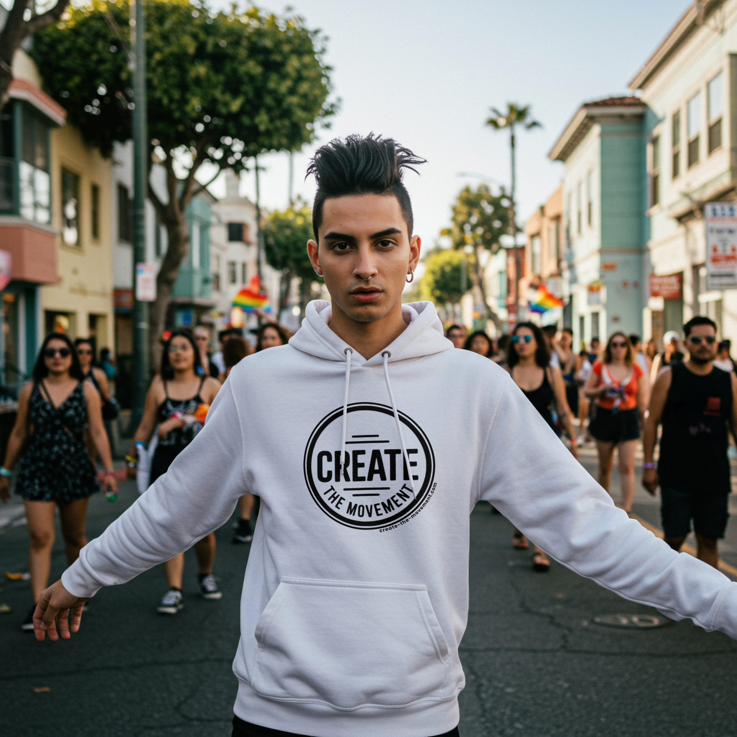 Young man with dark hair standing in the street with arms outstretched, wearing a white hoodie that reads 'CREATE THE MOVEMENT', surrounded by people at an urban location with buildings and trees.