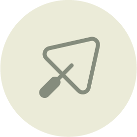 A gray gardening trowel icon on a light-colored circular background.