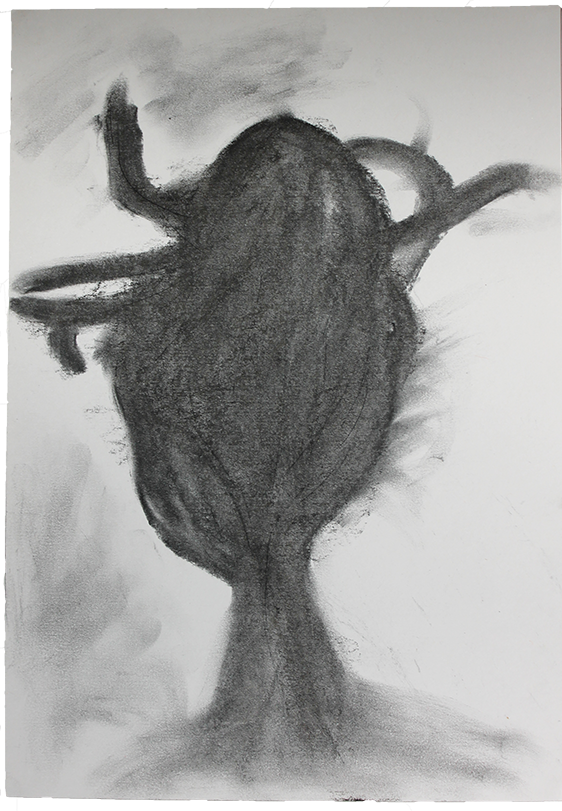 A black and white abstract drawing resembling a human heart with artistic shading.