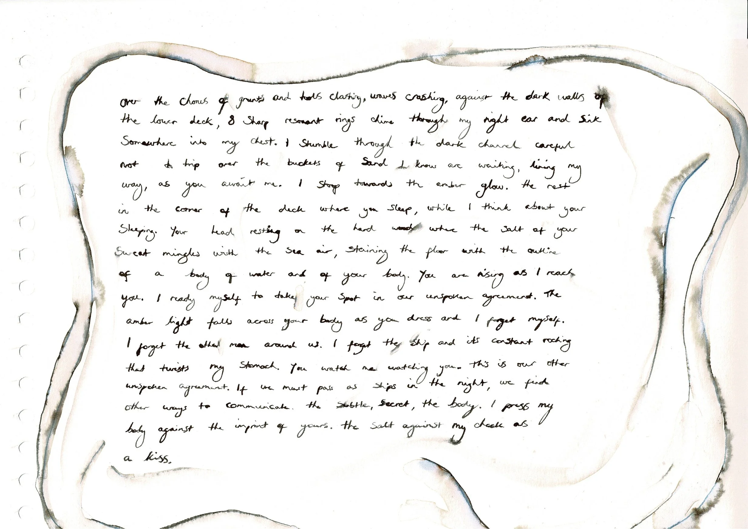 A handwritten letter on lined paper, surrounded by irregular watercolor borders in shades of gray and blue.