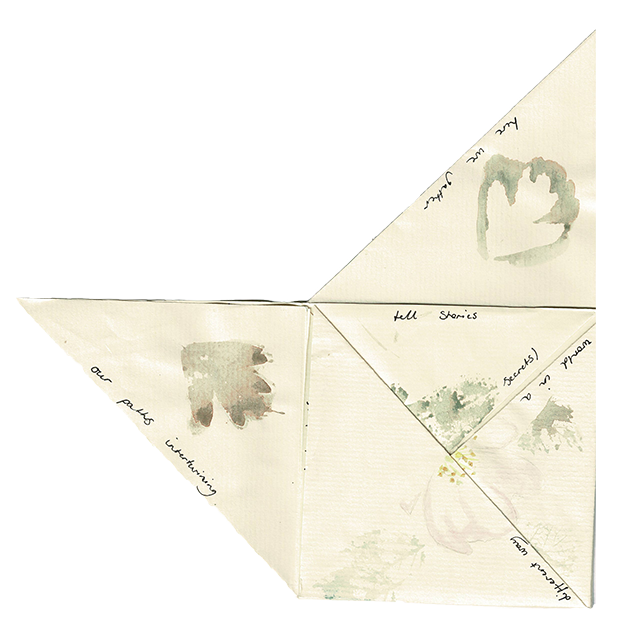 A paper boat with handwritten notes and watercolor illustrations of trees on its sides.