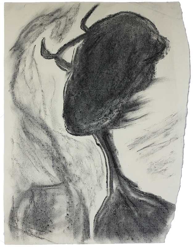 A monochrome charcoal sketch of an abstract human figure with a large oval-shaped head and elongated neck, set against a textured background.