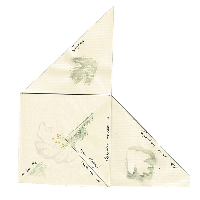 Decorative paper fortune teller with handwritten notes and floral illustrations.