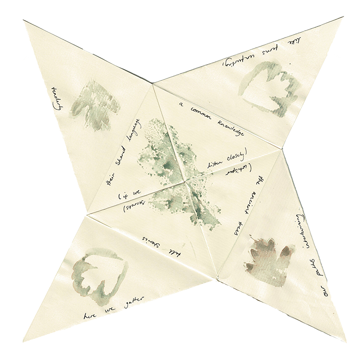 A paper fortune teller with handwritten notes and watercolor-like paint splashes on each flap.