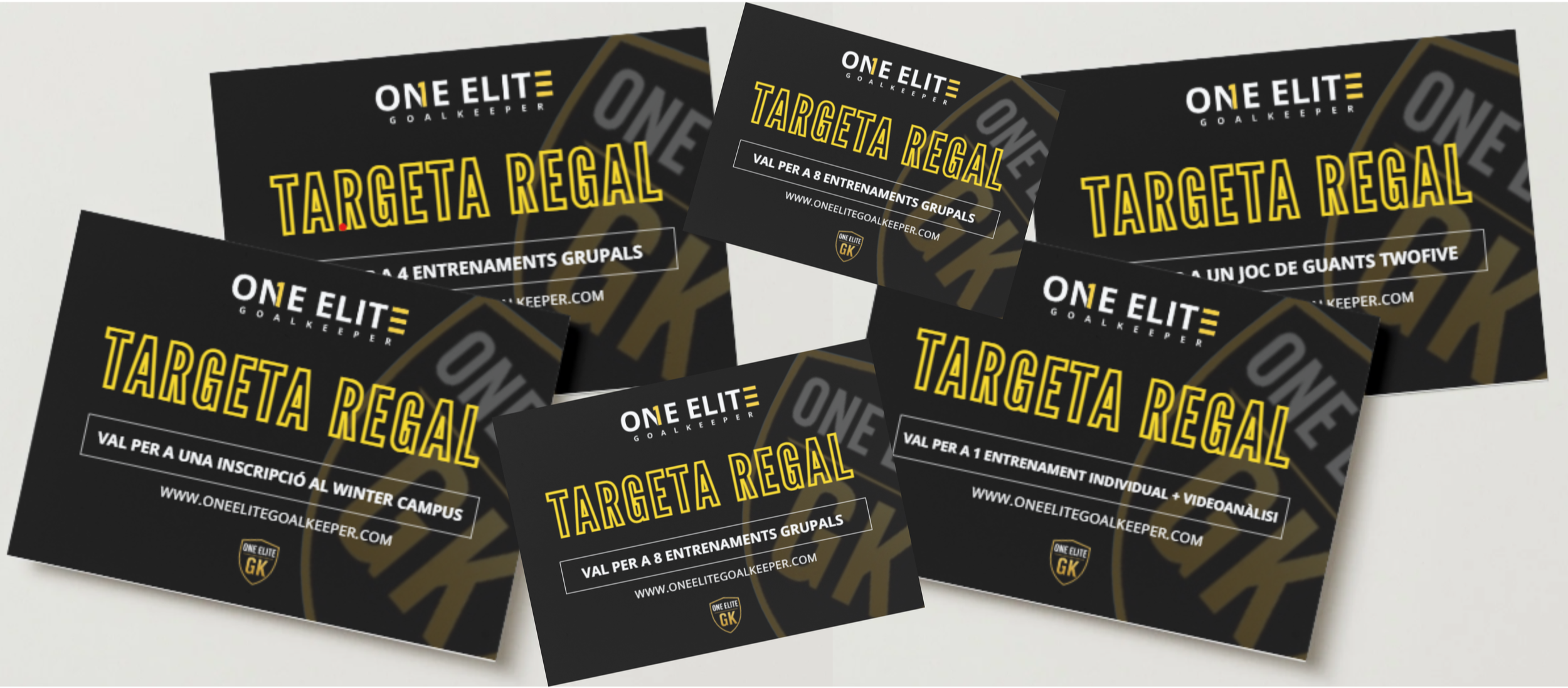 Tarjetas de regalo del programa One Elite Goalkeeper con fondo negro, letras amarillas y detalles blancos, ofreciendo vales para entrenamientos grupales e individuales de porterías.