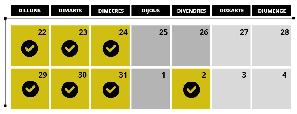 Calendario semanal con días marcados con un sello negro sobre fondo gris o amarillo, desde el lunes 22 hasta el domingo 4.