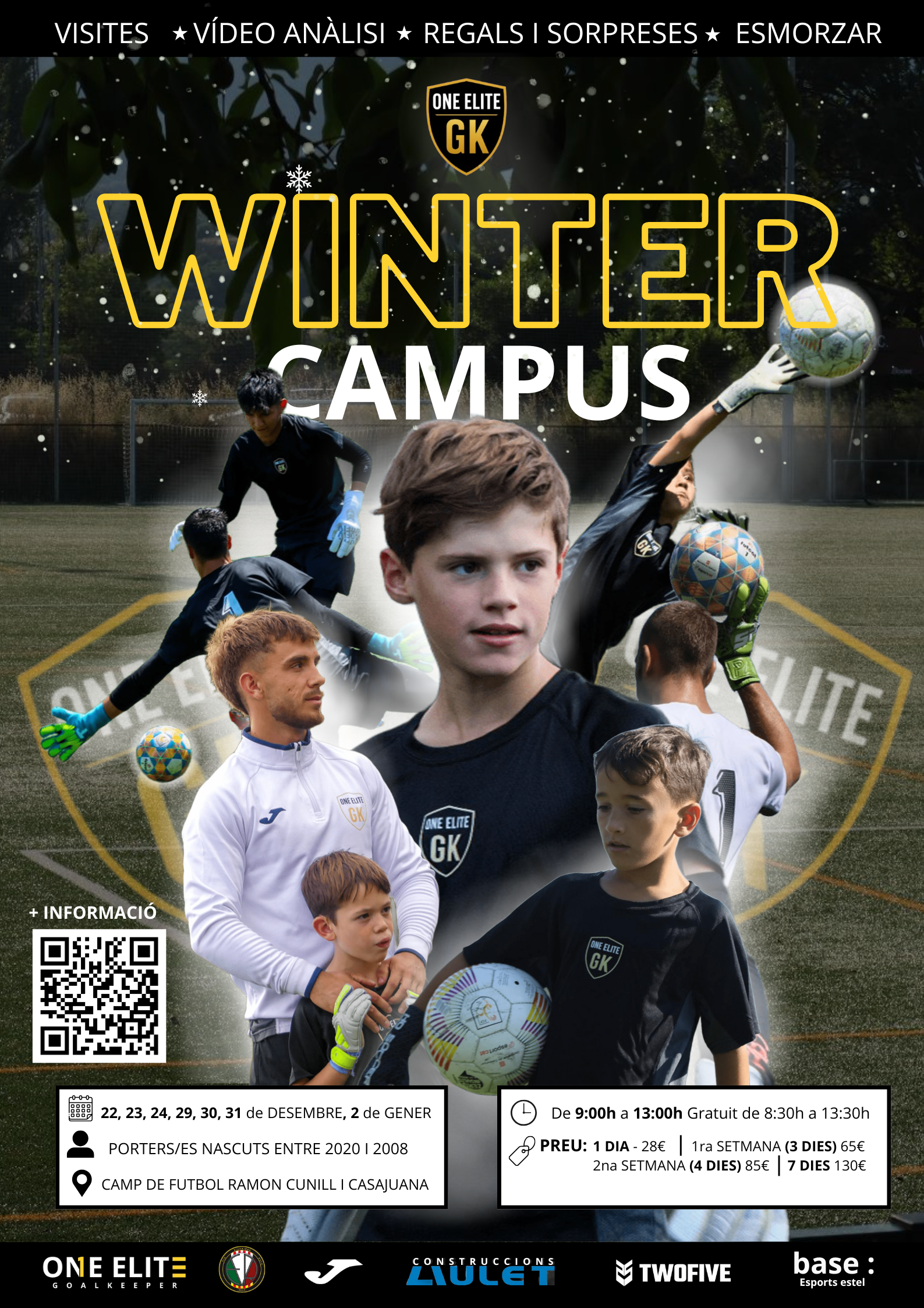 Cartel promocional para un campamento de invierno de fútbol para niños y jóvenes, con imágenes de jugadores en acción y entrenadores, incluyendo información sobre fechas, horarios, precios, y ubicación en un campo de fútbol.