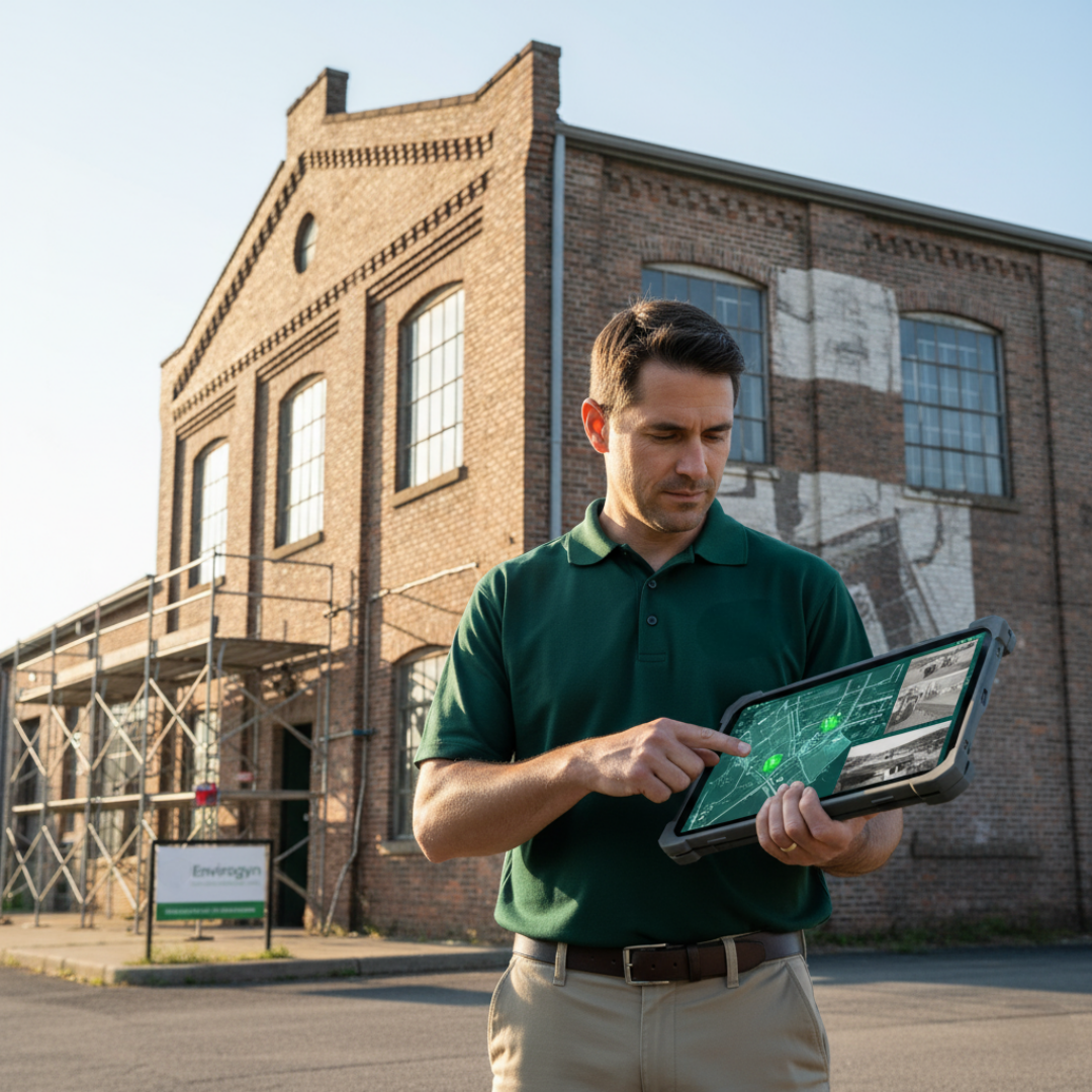 A man in a green polo shirt and beige pants uses a rugged tablet outside an old brick building with scaffolding, possibly a hospital or emergency services center, during daytime.