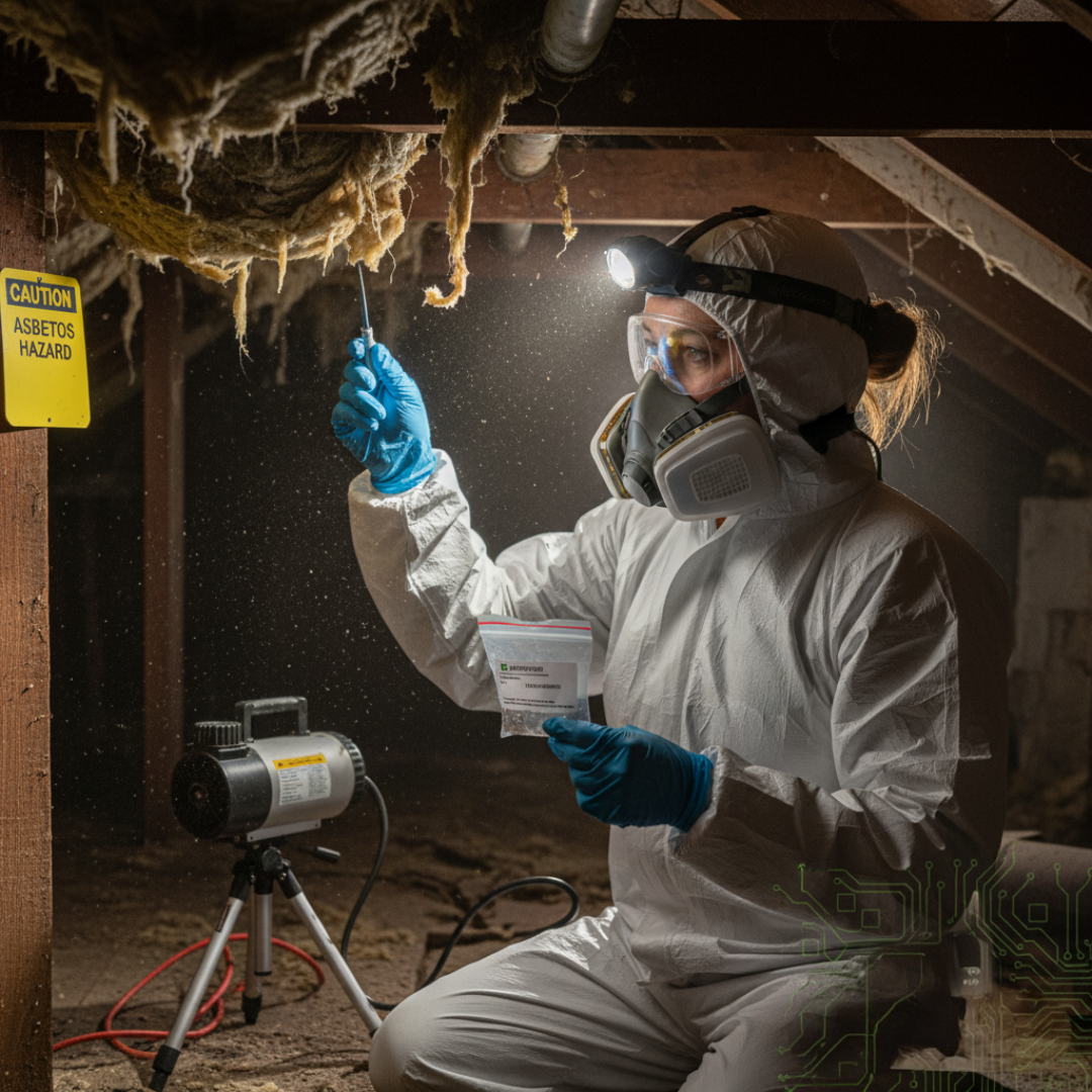 A person in protective gear, including a mask, goggles, and gloves, working in an attic space with insulation. They hold a test tube and a bag, surrounded by equipment including a small heater, under a sign that reads "Caution Asbestos Hazard."