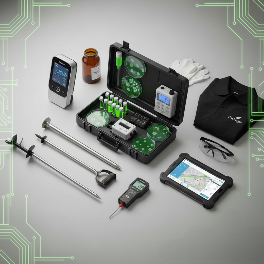 Laboratory testing equipment including test tubes, petri dishes with bacterial cultures, a microscope, a tablet displaying a map, syringes, a medical device, a digital thermometer, gloves, safety goggles, a black polo shirt with logo, a medicine bottle, and an electronic device with a display.
