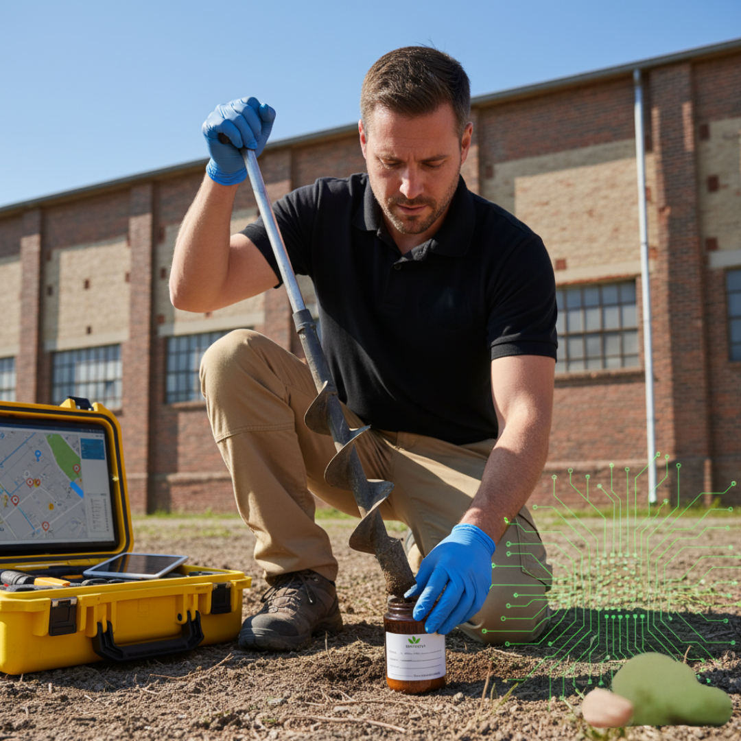 A man kneeling on the ground planting seeds with an auger, wearing gloves, outdoors near a brick building, with a yellow equipment case and digital device nearby.