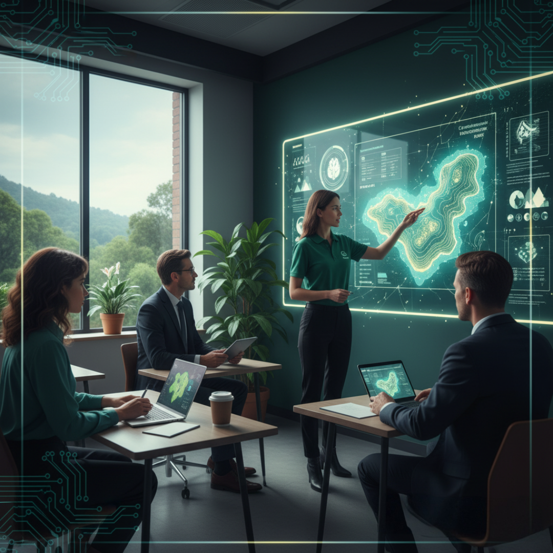 A woman in a green polo shirt presents a digital map of China on a large screen to a group of four professionals during a meeting in a conference room with large windows and green scenery outside.