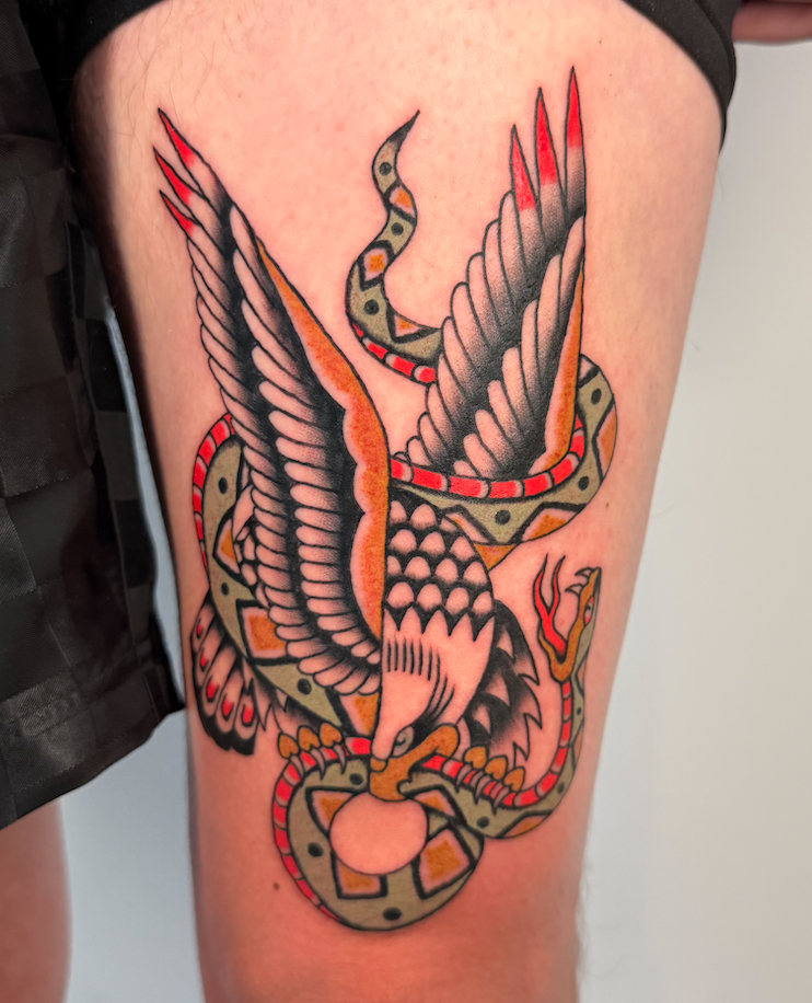 snake & eagle fighting flash tattoo, Nicole Mort Green River Tattoo Minneapolis