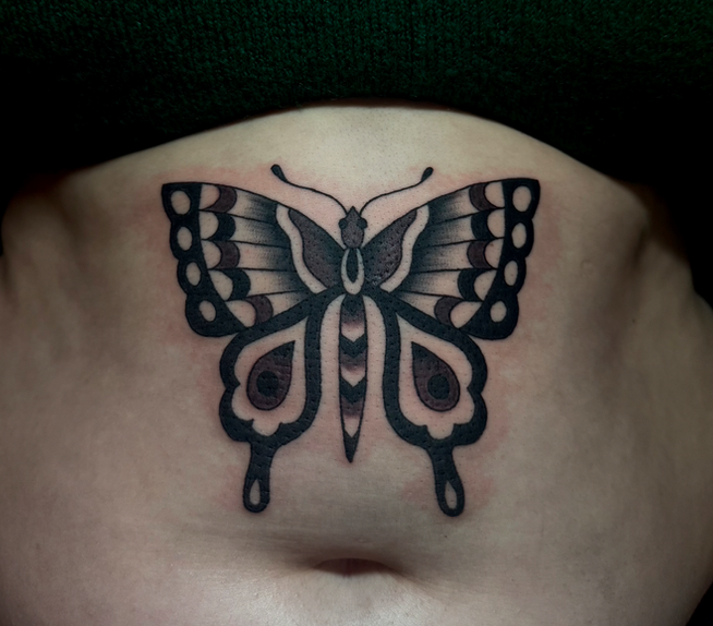 Black & Grey flash butterfly tattoo, Nicole Mort Green River Tattoo Minneapolis