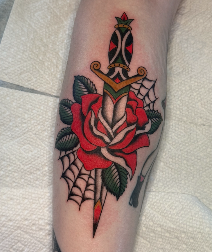 Rose and Dagger spiderweb tattoo, Nicole Mort Green River Tattoo Minneapolis