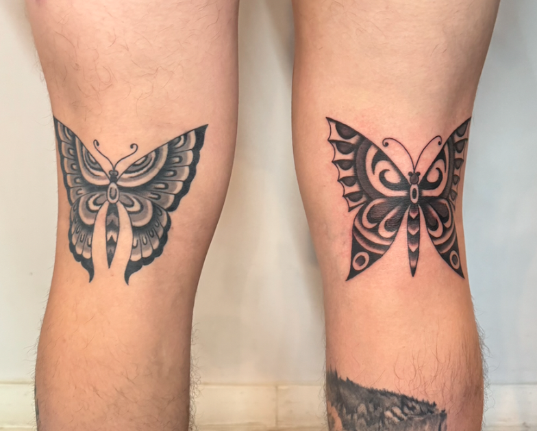 Black & Grey butterfly tattoos, one on each back of thigh. Nicole Mort Green River Tattoo Minneapolis