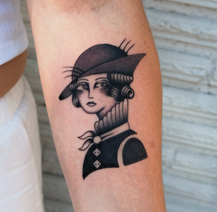 Black and gray flash hat lady tattoo, Nicole Mort Green River Tattoo Minneapolis