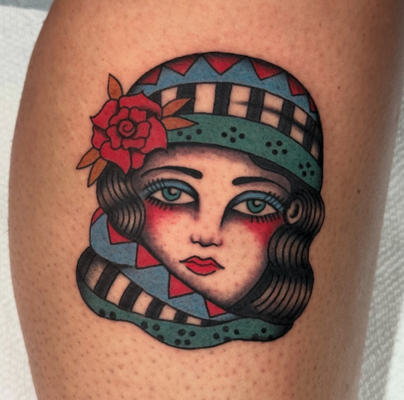 Lady head Flash tattoo with rose, Nicole Mort Green River Tattoo Minneapolis