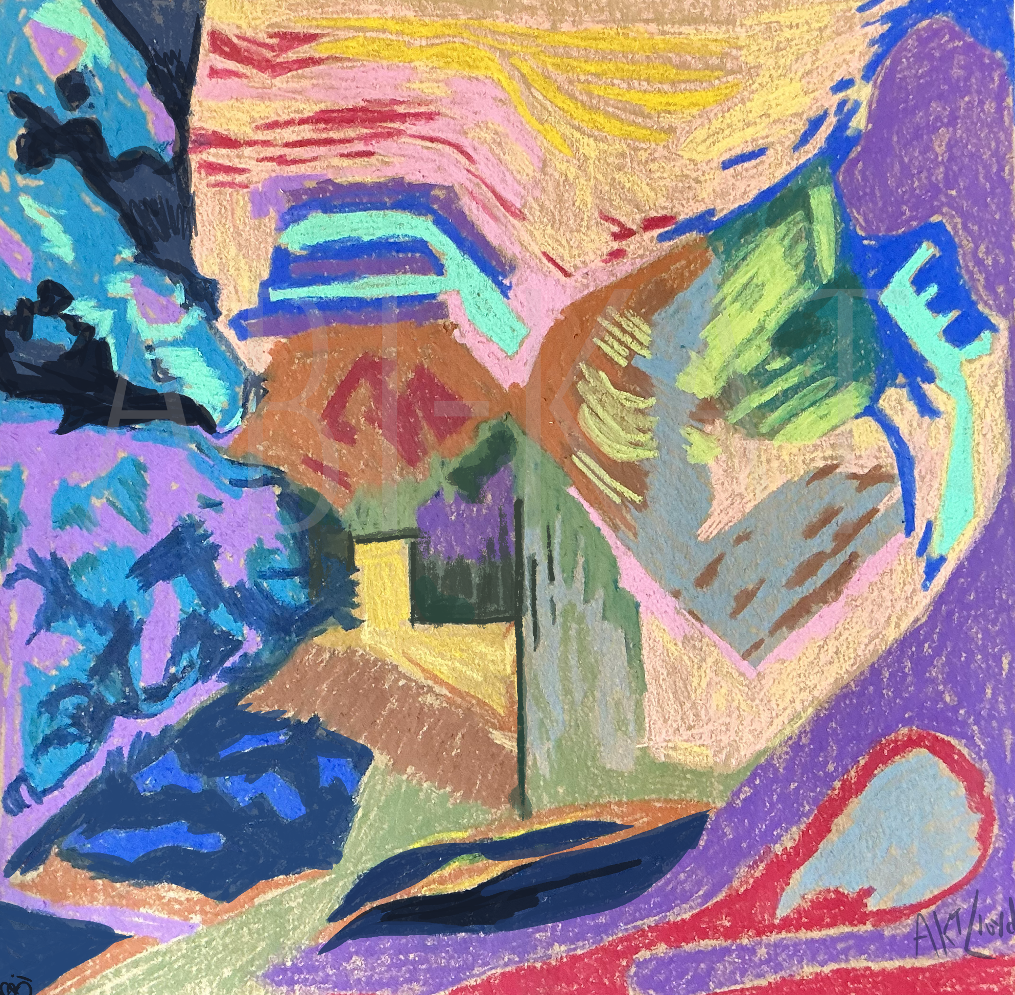 Abstract colorful drawing withvarious shapes and textures, including zigzags and brushstrokes, in pink, blue, green, yellow, purple, black, red, and orange.