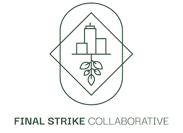 A minimalist line drawing logo featuring a flower with five petals, three stacked boxes above it, surrounded by a diamond shape and an oval. Text below reads 'FINAL STRIKE COLLABORATIVE'.