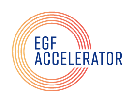 Logo for EGF Accelerator with concentric circles surrounding the text 'EGF Accelerator' in blue.
