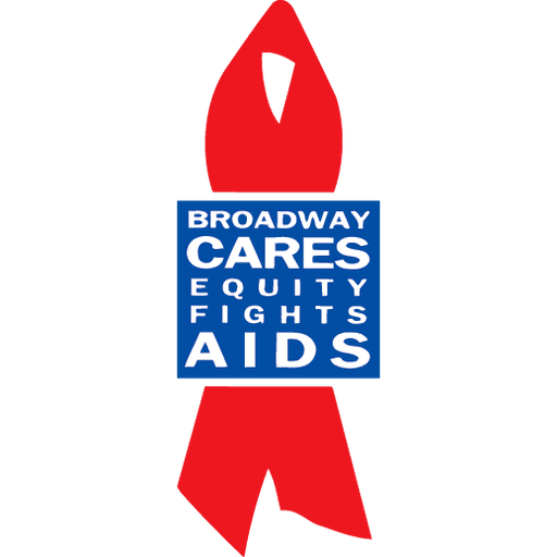 Red AIDS awareness ribbon with a blue square tag that reads 'Broadway Cares Equity Fights AIDS' in white text.