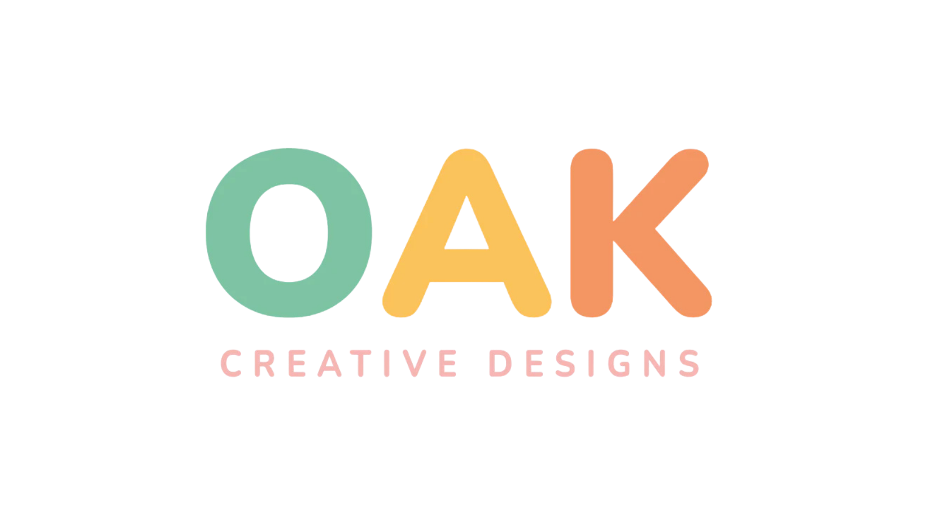 Colorful logo for OAK Creative Designs with the text 'OAK' in large letters and 'Creative Designs' below in smaller pink font.