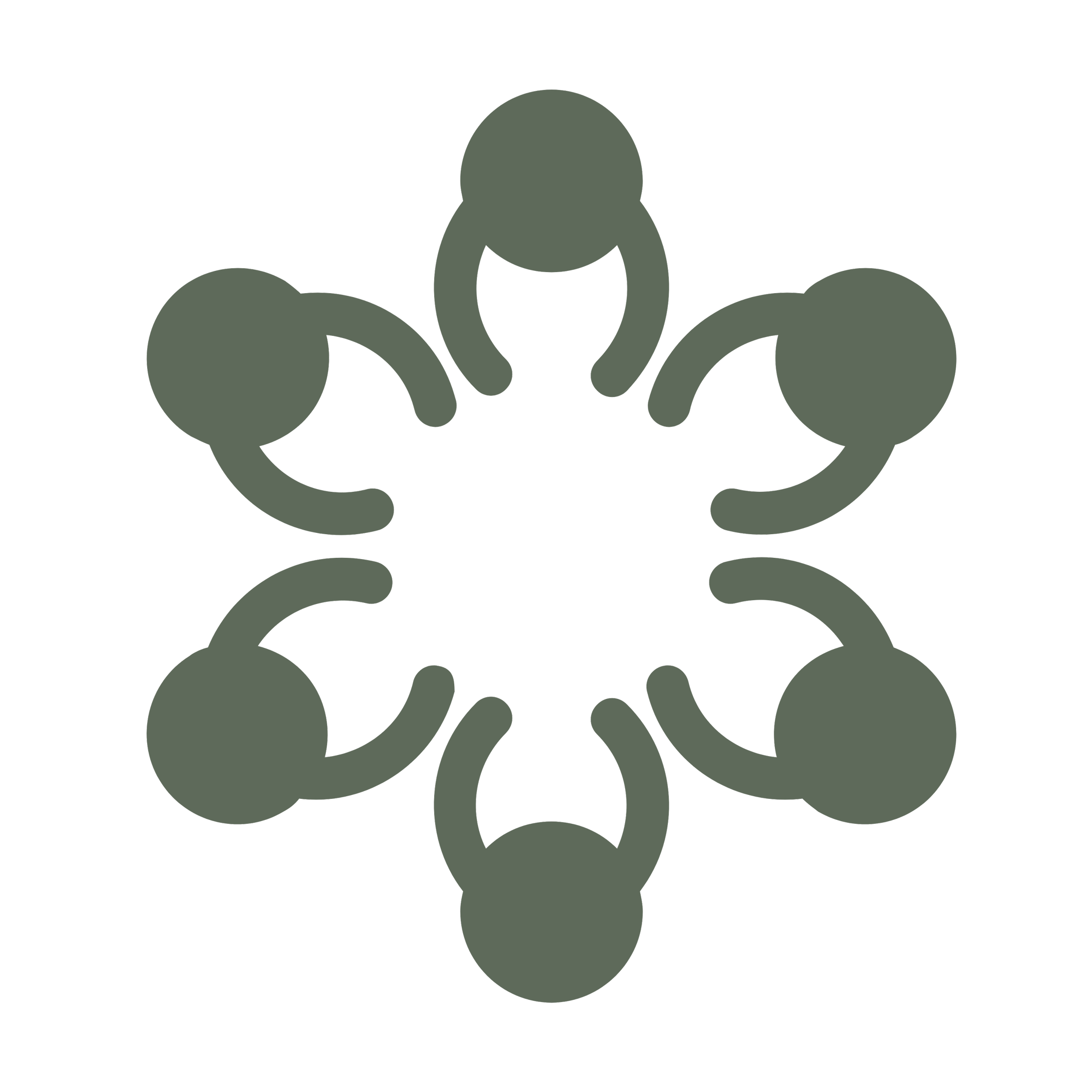 Simplified icon of six people holding hands in a circle, representing unity or teamwork.