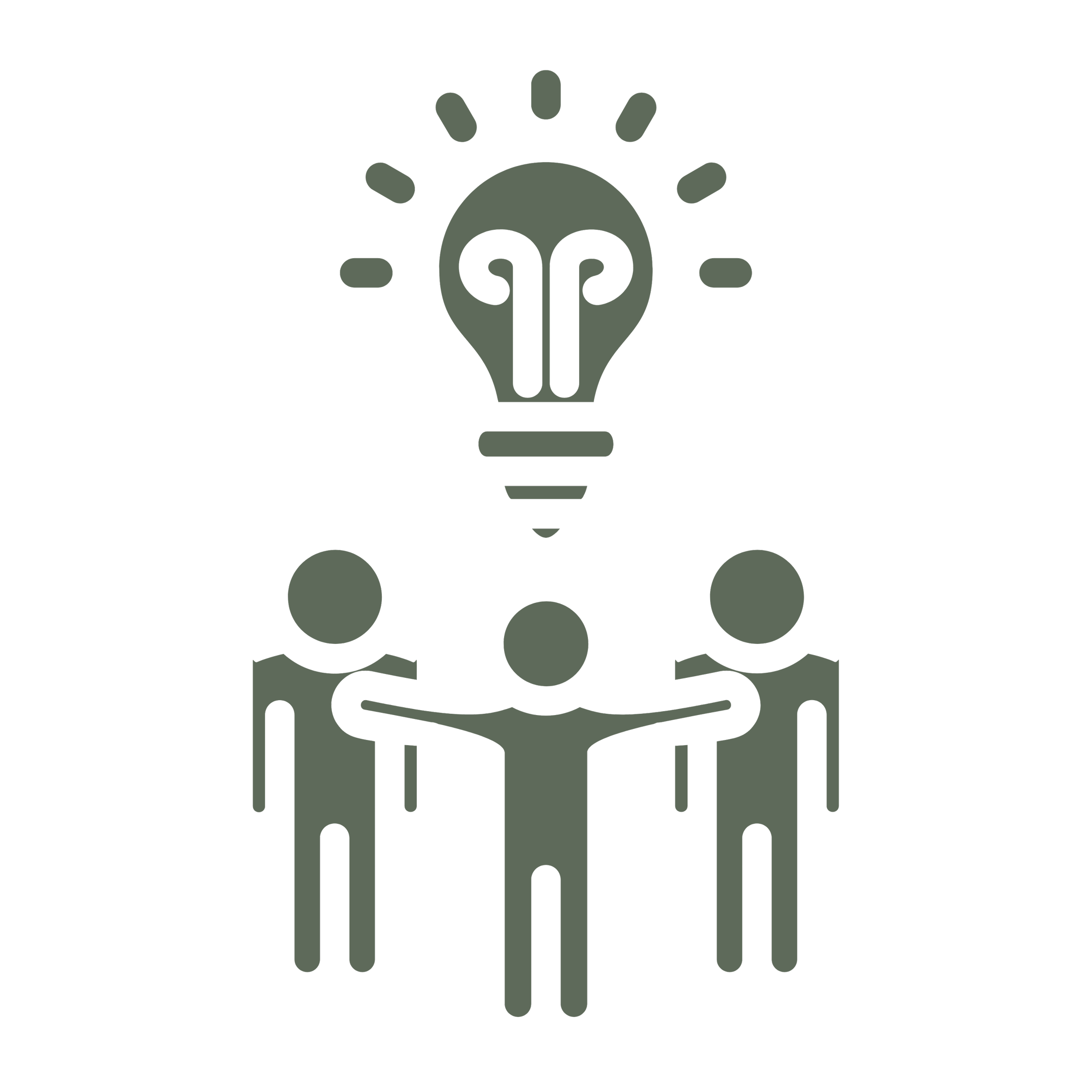 Illustration of three people holding hands, with a large lightbulb above them symbolizing teamwork and ideas.