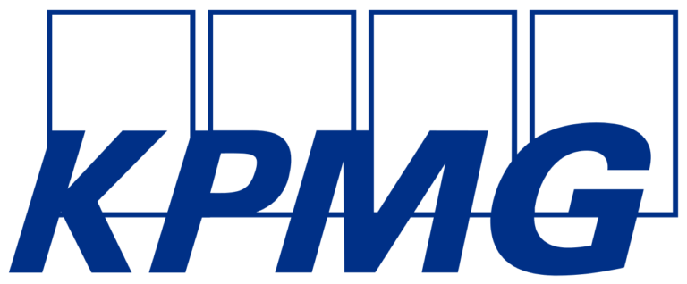 KPMG logo in blue with a stylized letter K, P, M, and G within outlined squares